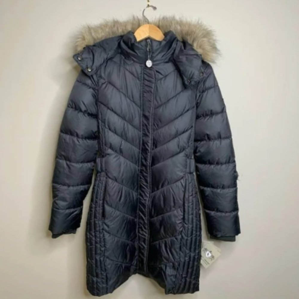 Brand New Larry Levine Women's Long Down Coat with Side Tabs and Hood